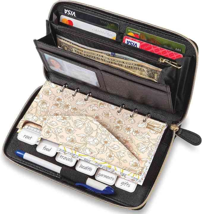 Cash Envelope Wallet All in One Budget System RFID Blocking with 12x Tabbed Envelopes 12x Monthly Budget Cards 1x Yearly Budget Planner Sheet Complete Money Organizer Set
