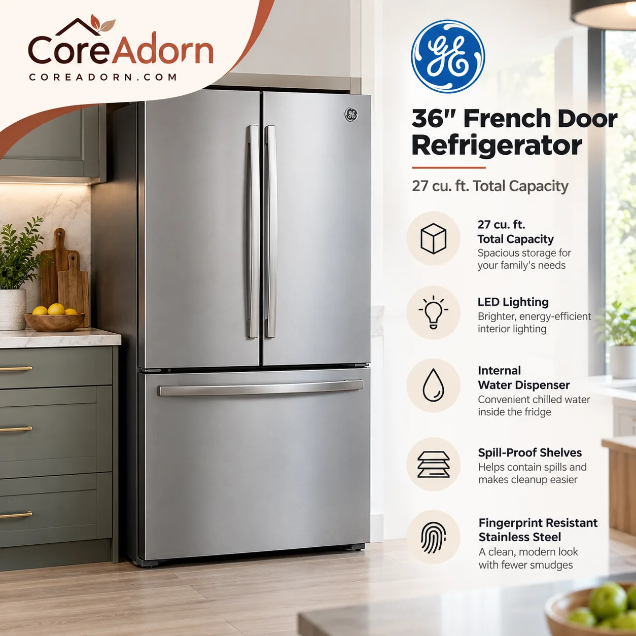 GE GNE27JYMFS 36" French Door Refrigerator with 27 cu. ft. Total Capacity LED Lighting Internal Water Dispenser Spill-Proof Shelves in Fingerprint Resistant Stainless Steel