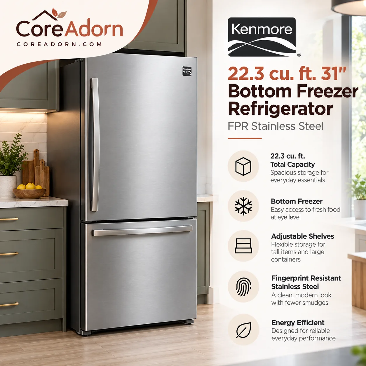 Kenmore 22.3 cu. ft. 31" Bottom Freezer Refrigerator - FPR Stainless Steel