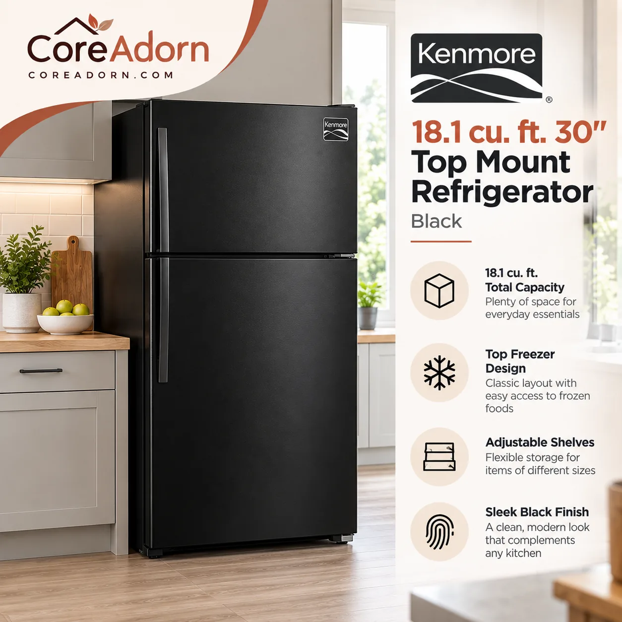 Kenmore 18.1 cu. ft. 30" Wide Top Mount Refrigerator - Black