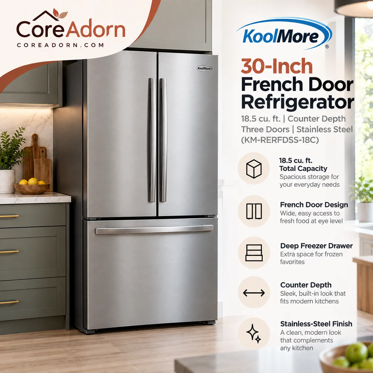 KoolMore 30-Inch and 18.5 cu. ft. Counter Depth French Door Refrigerator with Three Doors and Deep Freezer in Stainless-Steel (KM-RERFDSS-18C)