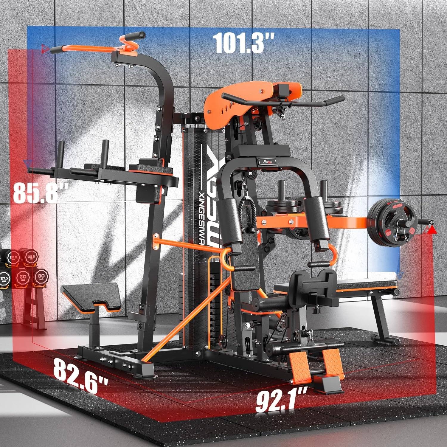 XGSW Multi-Function Home Gym Workout Station, Featuring a Pulley System, arm Trainer, and Leg Trainer for Full-Body Workouts.